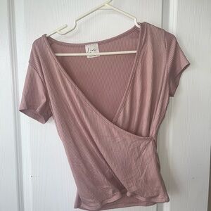 Pink Ribbed Wrap Short-Sleeve Top